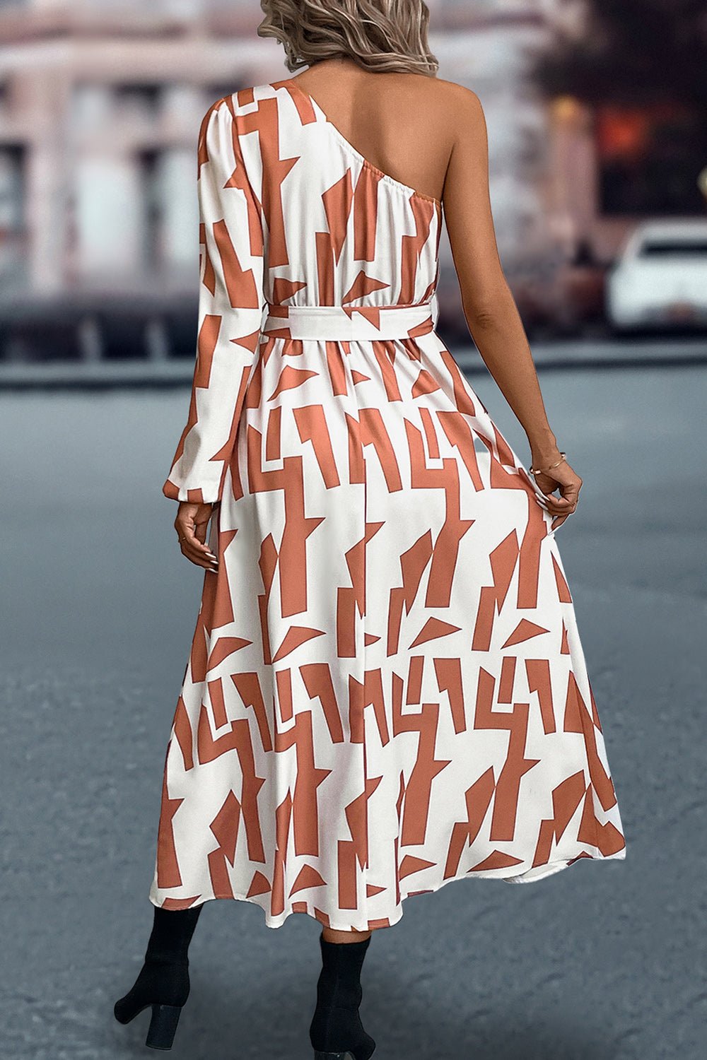 Printed One-Shoulder Tie Waist Dress GOTIQUE Collections