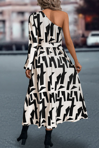 Printed One-Shoulder Tie Waist Dress GOTIQUE Collections