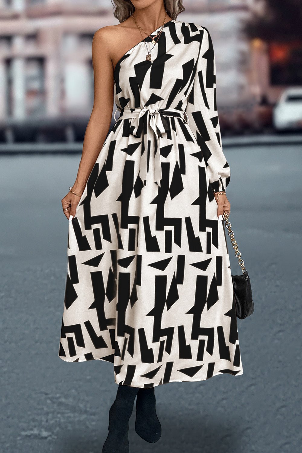 Printed One-Shoulder Tie Waist Dress GOTIQUE Collections