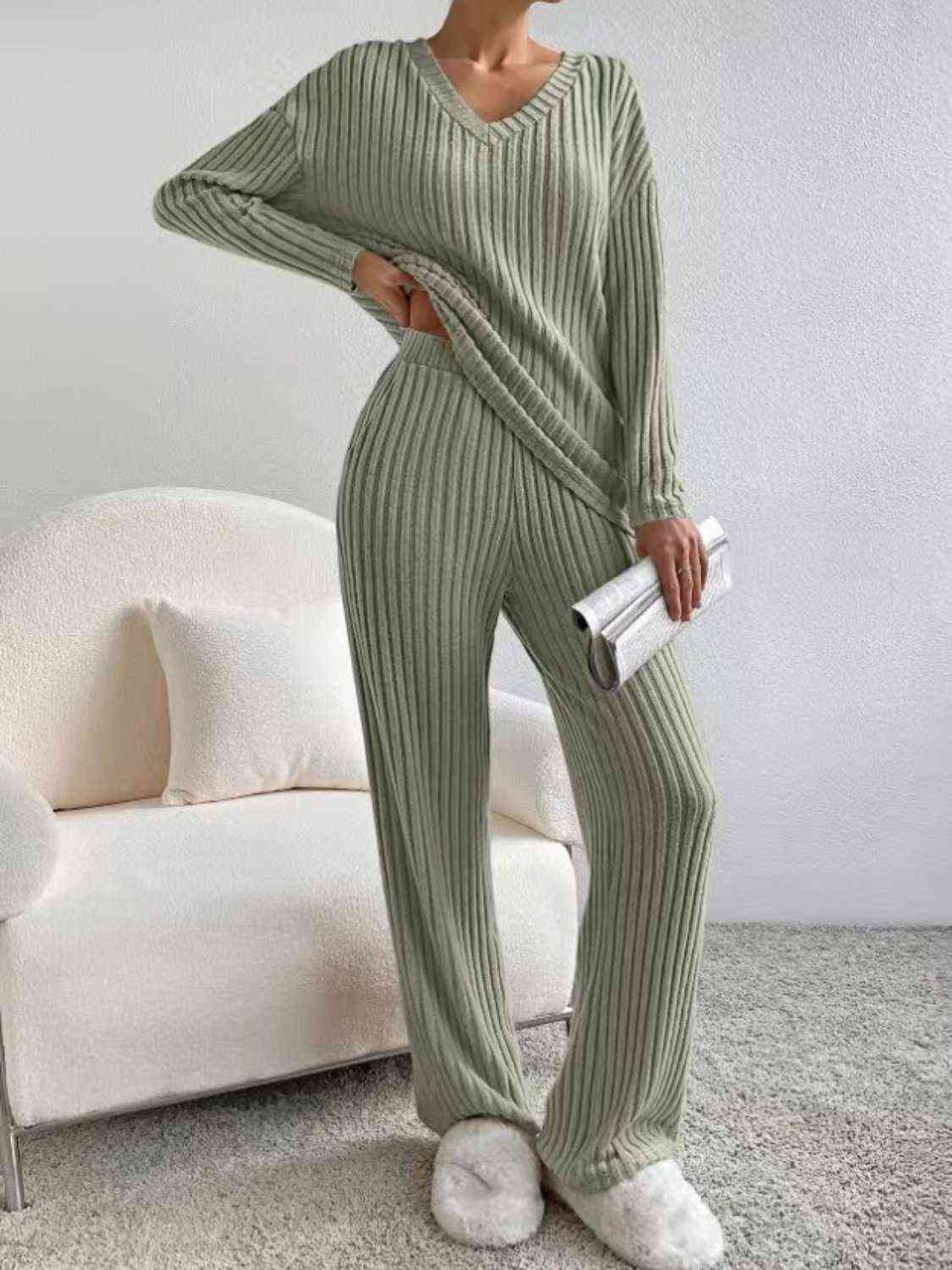 Ribbed V-Neck Long Sleeve Top and Pants Set GOTIQUE Collections