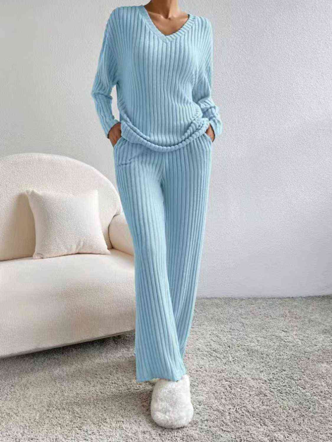 Ribbed V-Neck Long Sleeve Top and Pants Set GOTIQUE Collections