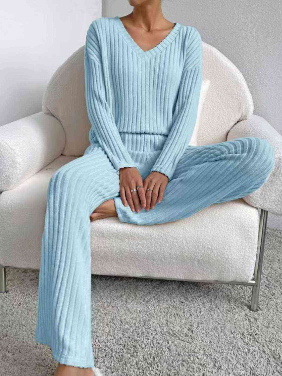 Ribbed V-Neck Long Sleeve Top and Pants Set GOTIQUE Collections