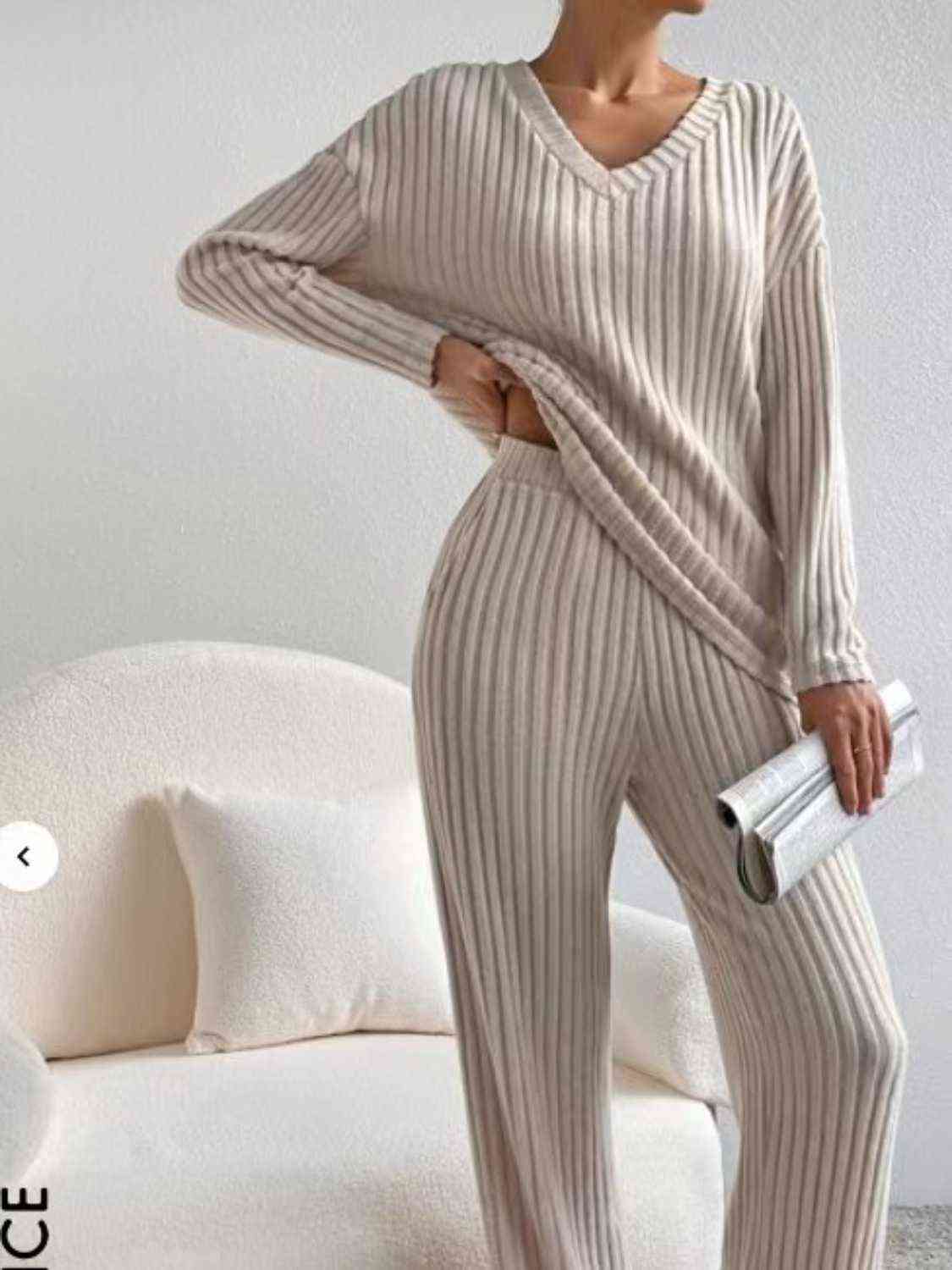 Ribbed V-Neck Long Sleeve Top and Pants Set GOTIQUE Collections