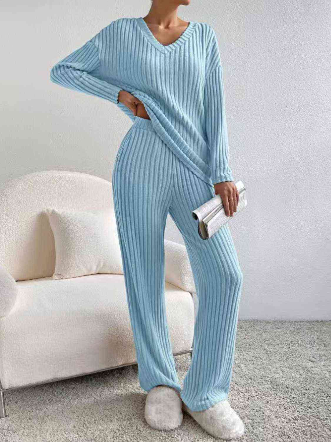 Ribbed V-Neck Long Sleeve Top and Pants Set GOTIQUE Collections