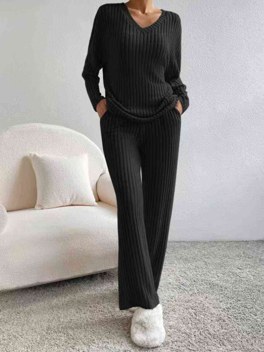 Ribbed V-Neck Long Sleeve Top and Pants Set GOTIQUE Collections