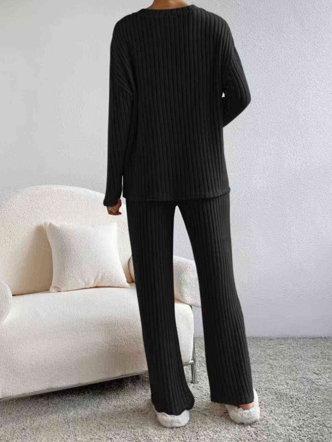 Ribbed V-Neck Long Sleeve Top and Pants Set GOTIQUE Collections