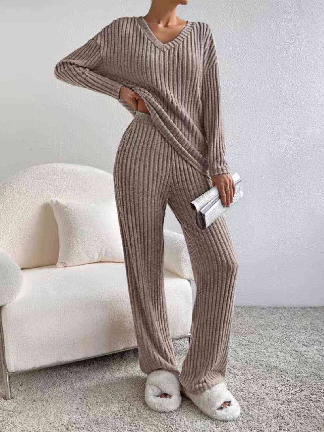 Ribbed V-Neck Long Sleeve Top and Pants Set GOTIQUE Collections