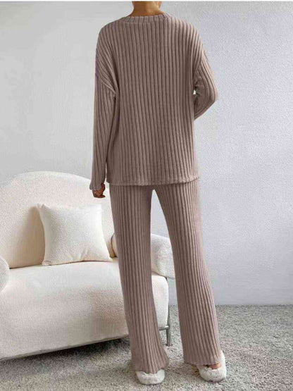 Ribbed V-Neck Long Sleeve Top and Pants Set GOTIQUE Collections