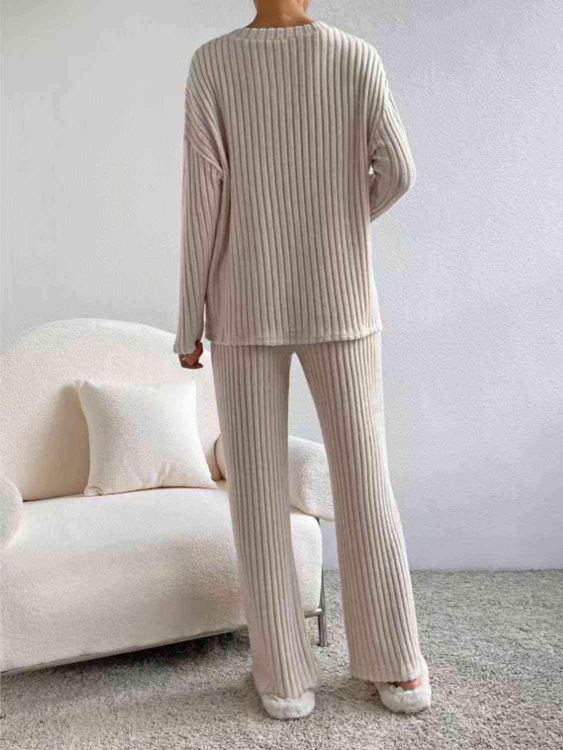 Ribbed V-Neck Long Sleeve Top and Pants Set GOTIQUE Collections