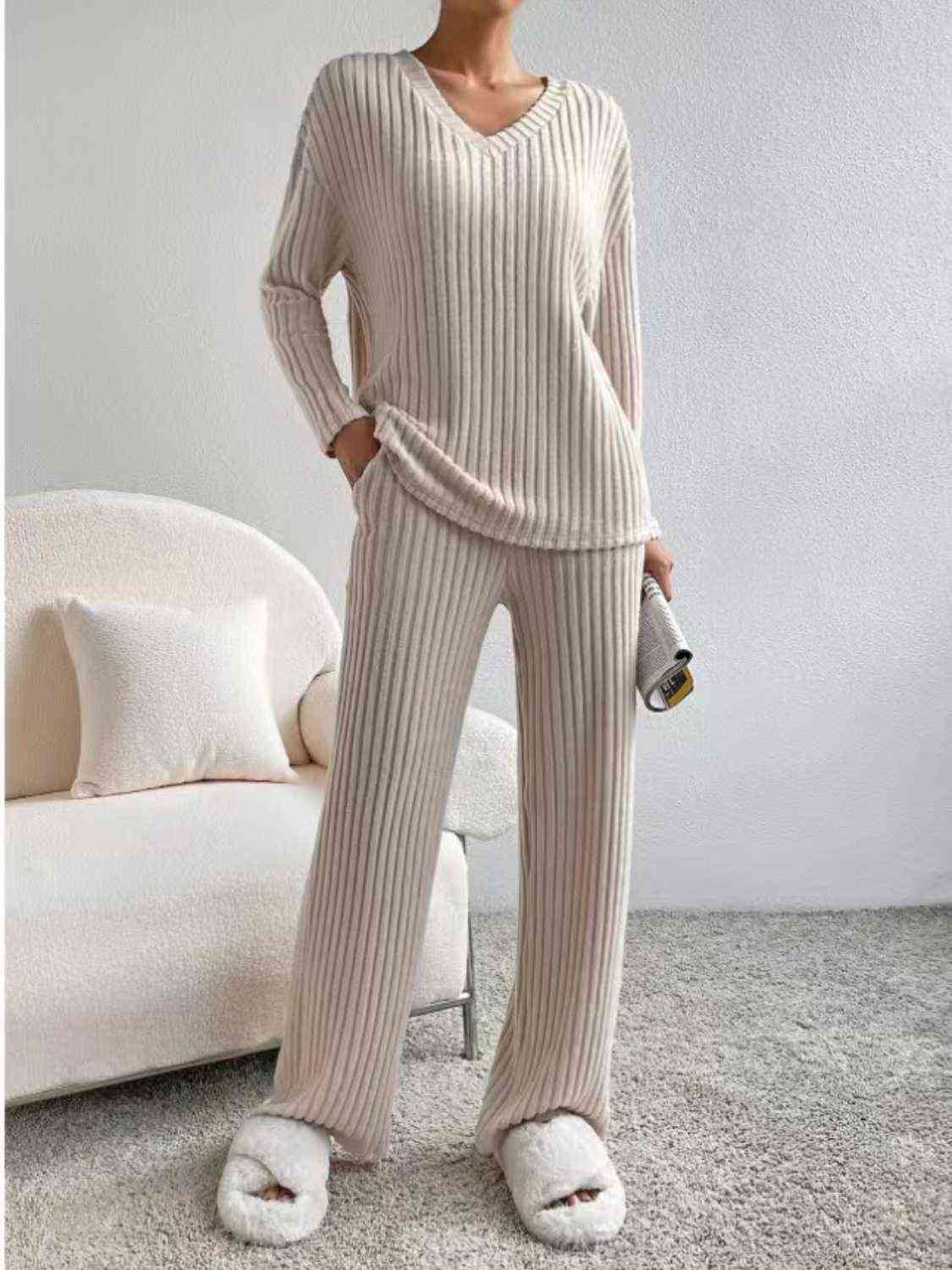 Ribbed V-Neck Long Sleeve Top and Pants Set GOTIQUE Collections