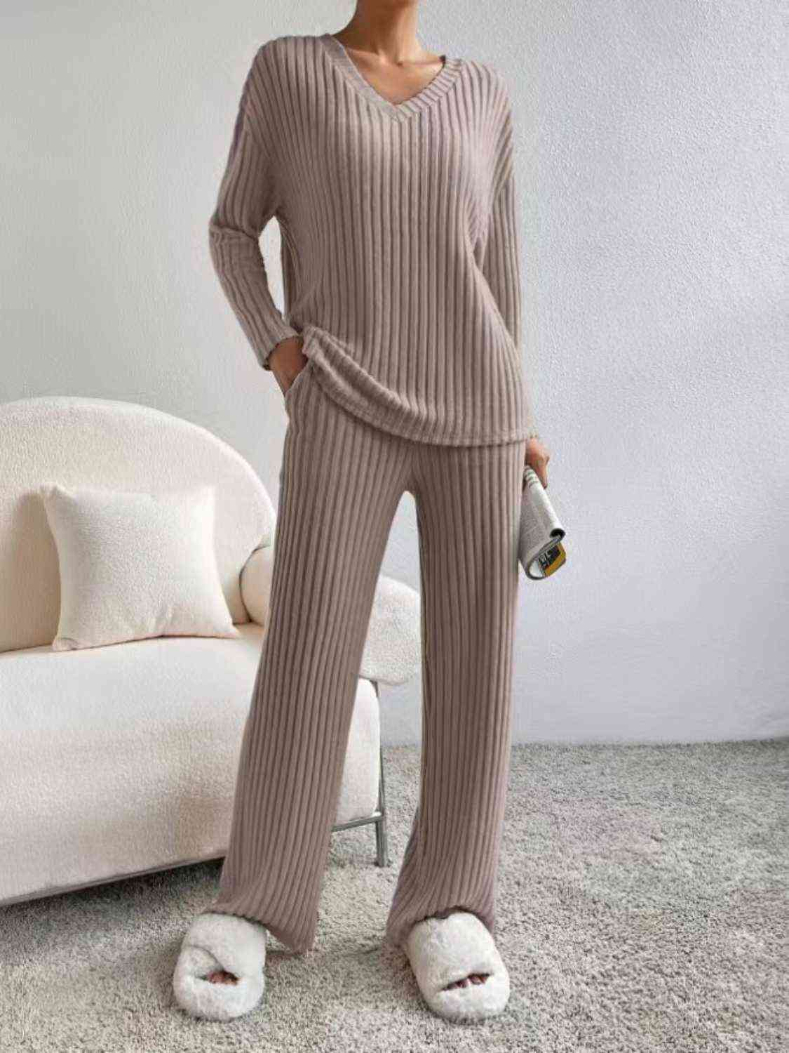 Ribbed V-Neck Long Sleeve Top and Pants Set GOTIQUE Collections