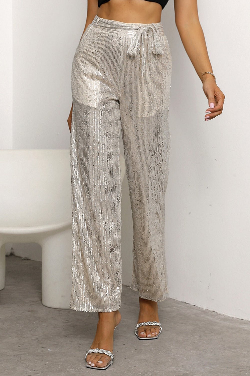 Shimmering Sequin Tie-Waist Straight Leg Pants GOTIQUE Collections