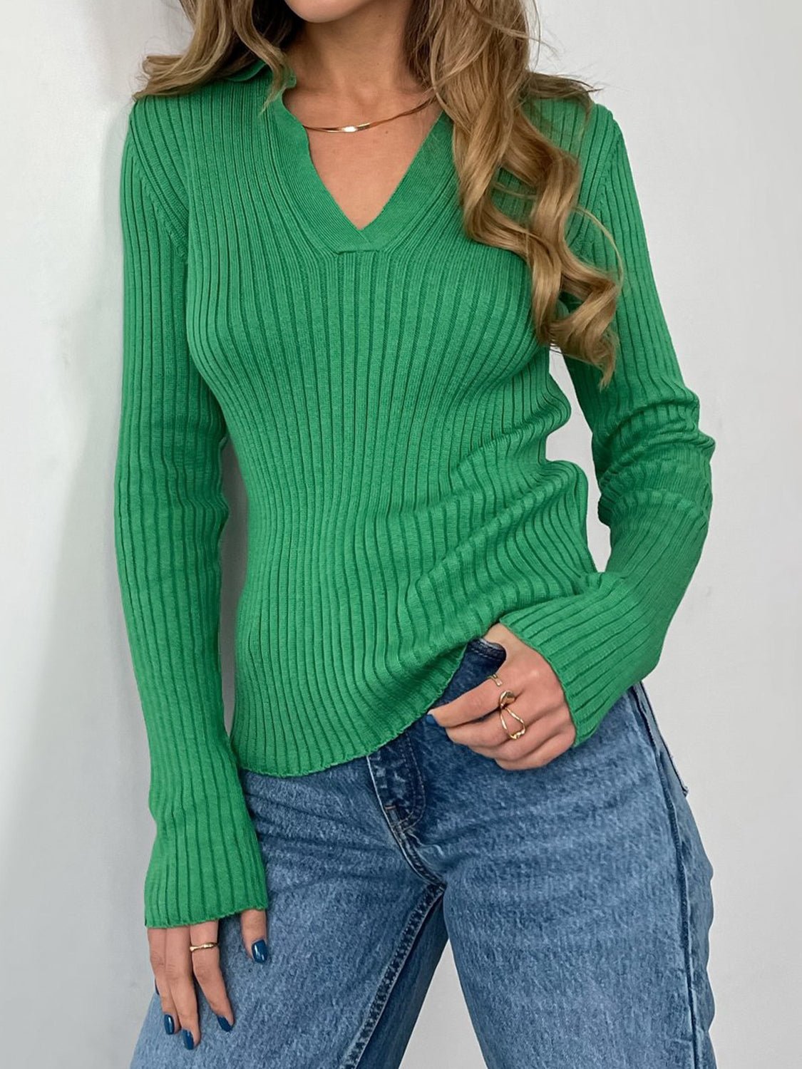 Stretchy Johnny Collar Rib-Knit Top GOTIQUE Collections