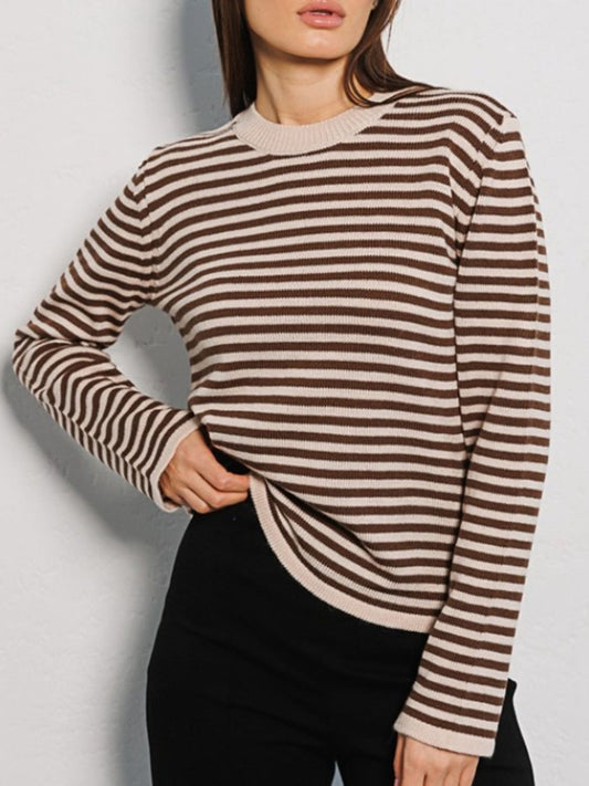 Striped Round Neck Long Sleeve Top GOTIQUE Collections