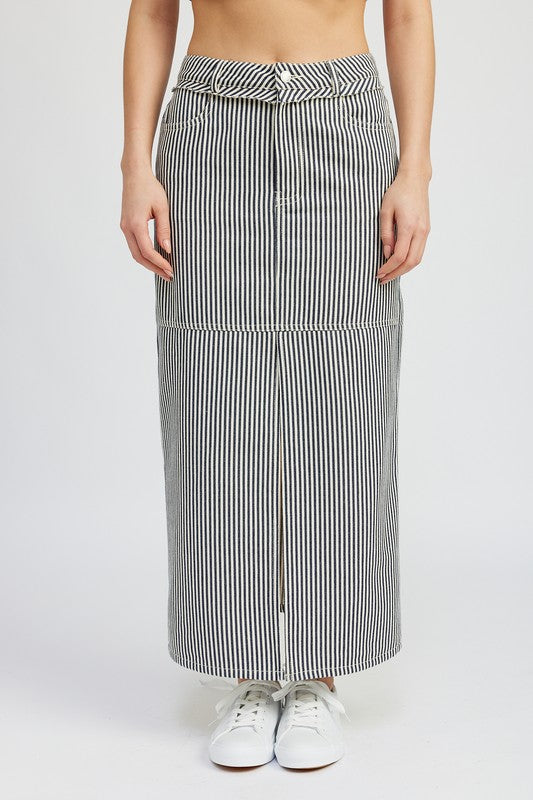 Striped Twill Maxi Skirt with Slit GOTIQUE Collections