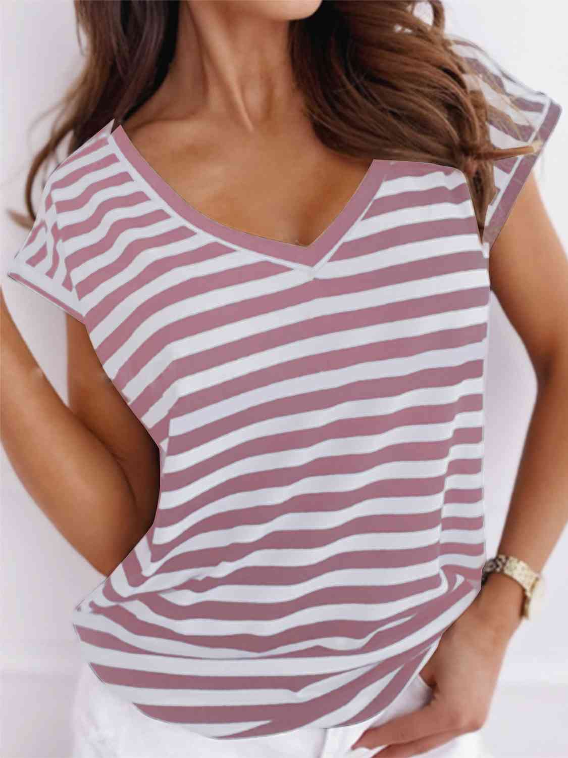 Striped V-Neck Short Sleeve T-Shirt GOTIQUE Collections