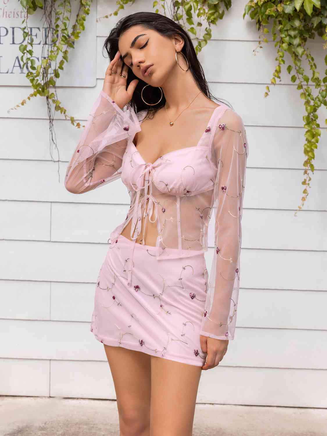 Sweetheart Neck Tie Front Top and Skirt Set GOTIQUE Collections