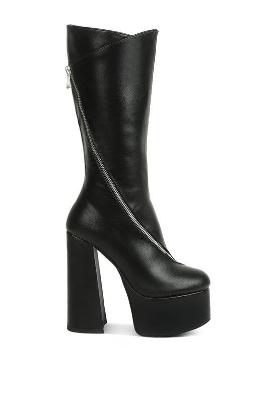 TZAR Faux Leather High Heeled Platform Calf Boots GOTIQUE Collections