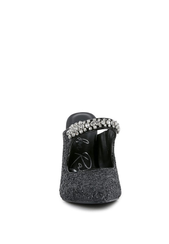 Twinkled Glitter Diamante High Heeled Mules GOTIQUE Collections