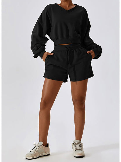 V-Neck Dropped Shoulder Sweatshirt and Short Set GOTIQUE Collections